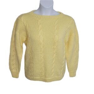 VINTAGE 80s yellow sweater handmade cable‎ knit crew neck M